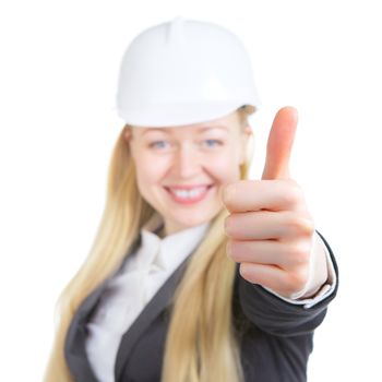 engineer woman thumbs up, isolated on white