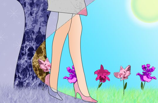 Illustration of pink shoes stepping into a spring colorful spring landscape from a colorless winter background