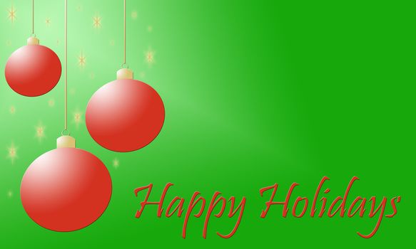 Red holiday ornaments hang with glowing gold stars on green background with Happy Holidays text