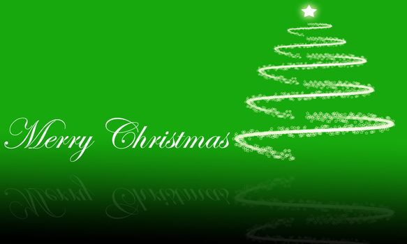 Abstract holiday background with Merry Christmas text and glowing Christmas tree with reflection