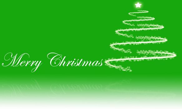 Merry Christmas and abstract Christmas tree reflecting on green and white background