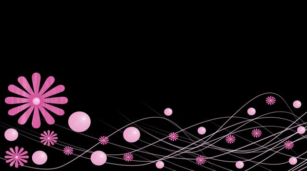 Abstract pink flowers and pink bubbles with glowing lines on black background