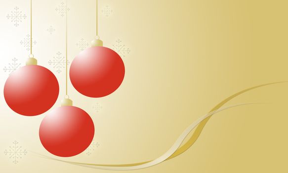 Holiday ornaments hang with snowflakes on a gold abstract background