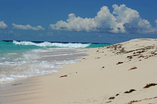 Untouched beach with waves and blue water in the Bahamas
