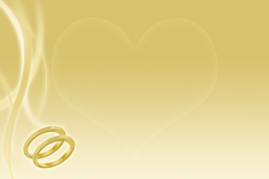 Wedding rings and heart on abstract gold background for marriage 