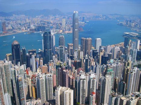 View of Hong Kong with many buildings and skyscrapers