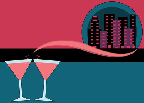 Two pink martini glasses and city lights for a night on the town