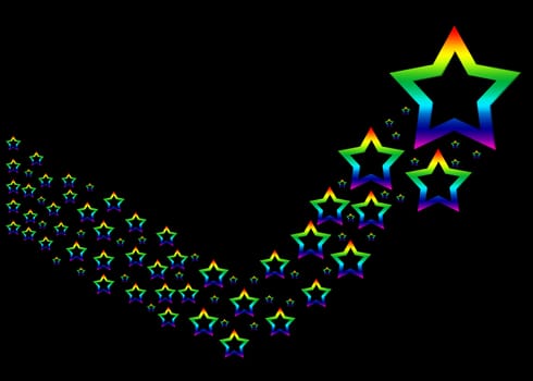 Many colorful rainbow stars on a black background