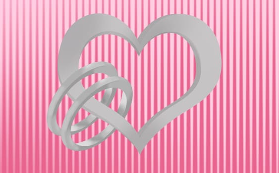A metallic heart holding two wedding rings on a pink background with pink stripes
