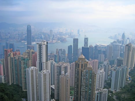 View of Hong Kong, China with many buildings and skyscrapers