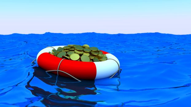 Concept of rescue of money. Coins in lifesaver.