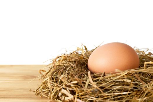 Egg in hay nest on wooden table against white background, isolated