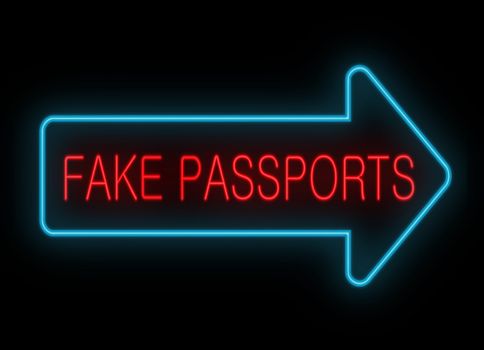 Illustration depicting a neon signage with a fake passports concept.