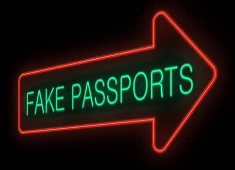 Illustration depicting a neon signage with a fake passports concept.