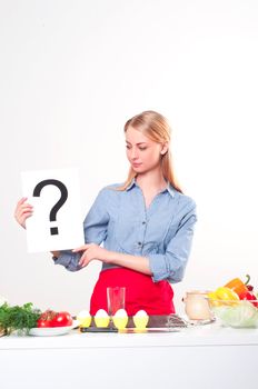 woman holding a plate with question mark