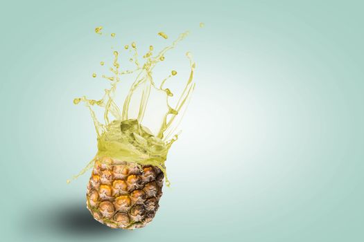 fresh pineapple juice spills, the concept of fresh fruit drinks, place for text