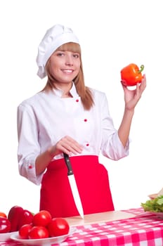 attractive woman cuts vegetables, cooking dinner, white background