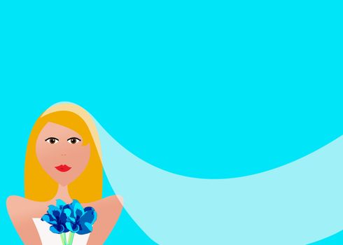 Illustration of bride with blonde hair and bouquet wearing long, flowing wedding veil on blue background