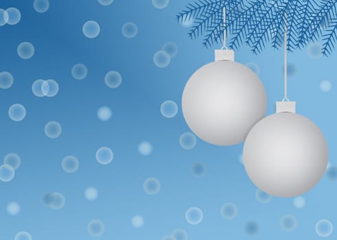 blue and silver Christmas scene with holiday ornaments and abstract blue background