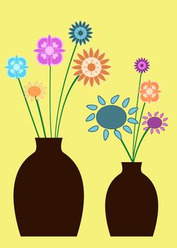 Brown vases with colorful retro flowers on a yellow background