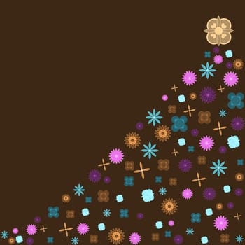 Retro Christmas tree illustration on brown background with floral holiday ornament 