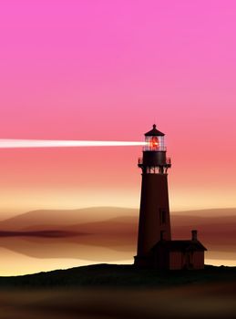 romantic lighthouse near Atlantic seaboard shining at night