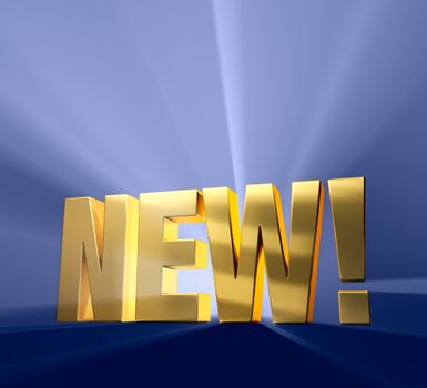 Gold "NEW!" on a dark blue background brilliantly backlight with light rays shining through.