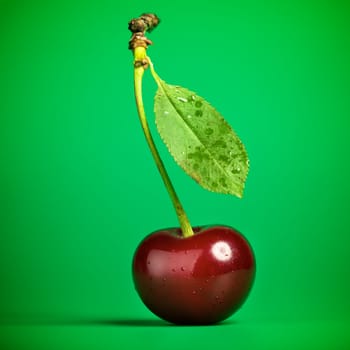 fresh red cherry with stem on green background