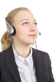 businesswoman talking with clients on headset, isolated on white