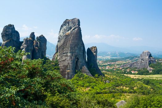 Meteora Greece. Bird's eye view of town Kalambaka. Panorama