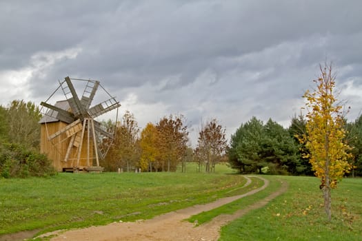 autumn landscape with a windmill (Museum of Folk Architecture and Rural Life in Strochitsy, Belarus)