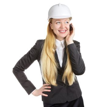 engineer woman talking on cell phone, isolated on white