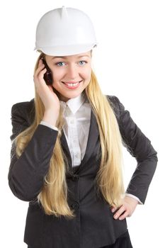 engineer woman talking on cell phone, isolated on white