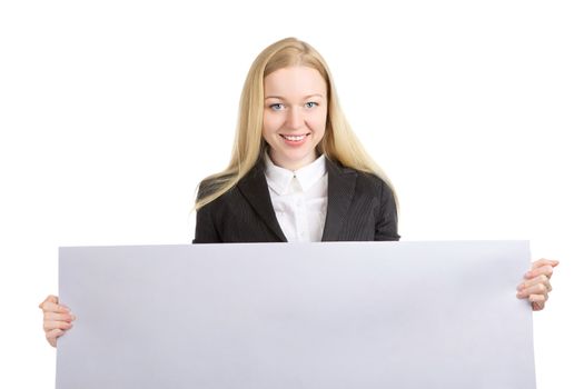 young business woman holding empty white board