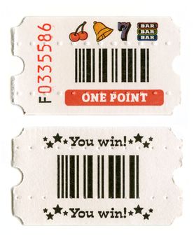 The front and back of an arcade/amusements ticket.
