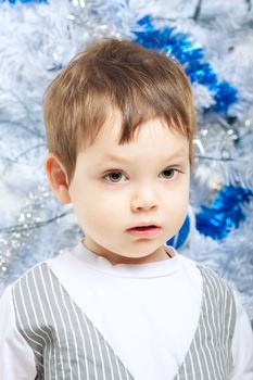 beautiful serious boy near christmas tree, portrait