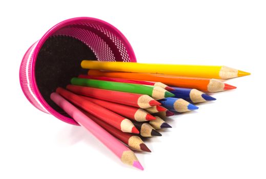 Colour pencils in pink can on white background