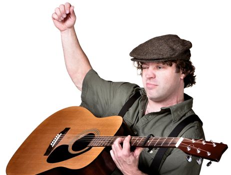 Serious European folk musician playing guitar over white