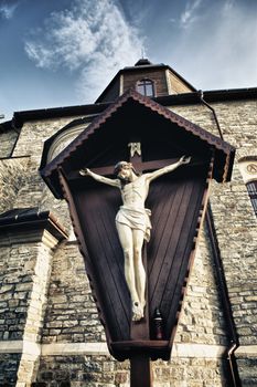 crucifix in Kamenetz-Podolsk church, Ukraine, low angle view