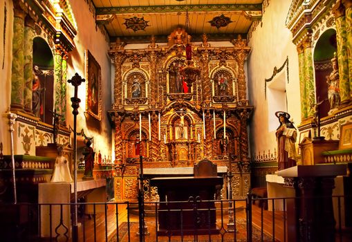 Serra Chapel Mission San Juan Capistrano Church in California.  Father Junipero Serra founded the Mission in 1775, and the altar is 300 years old from Barcelona, Spain.