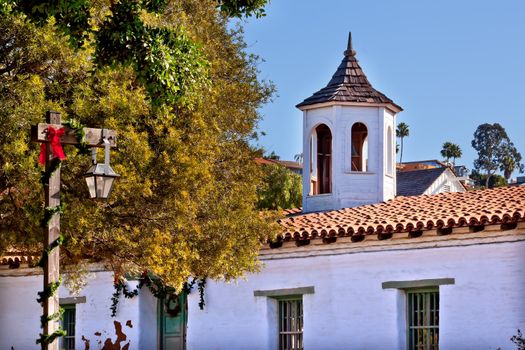 Casa de Estudillo Old San Diego Town Roof.  Historic Adobe House and Cupola built in 1827.  Christmas Lamp Post