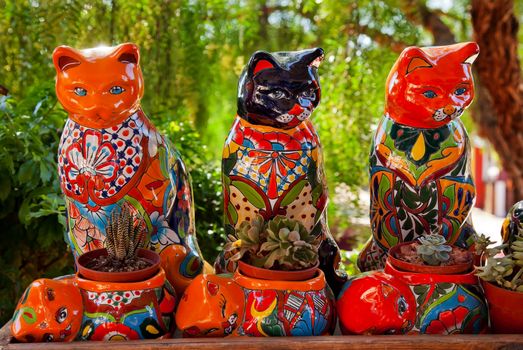 Mexican Colorful Souvenir Ceramic Cats Cactus Pots San Diego California