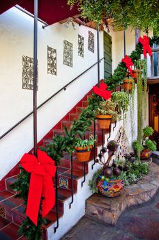 Steps and Stairs Christmas Wreath Decorations Red Ribbons Cactus Old San Diego Town California