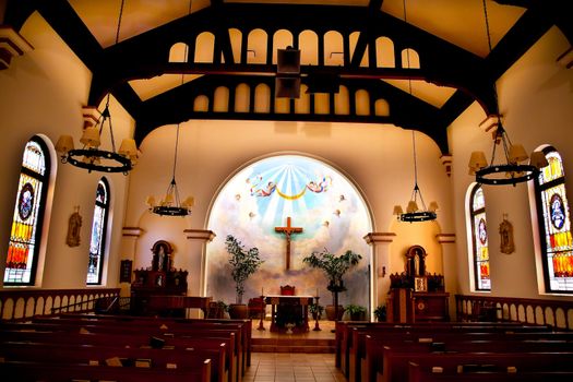 Altar Interior Old Immaculate Conception Church Old San Diego California  Historic Adobe Church built originally in 1851.  The Old Adobe Church was restored and reopened in 1917.