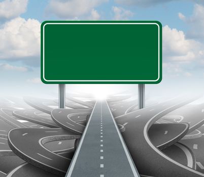 Strategy blank sign as a clear plan and solutions for business leadership with a straight path to success choosing the right strategic road with a green highway signage with copy space on a sky background.