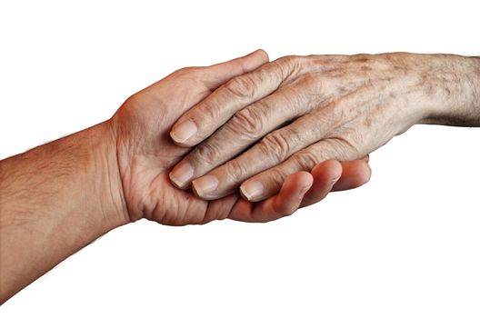 Senior Care with the hand of a young person holding and helping an old and elderly retired patient needing in home medical help due to aging and memory loss on a white background