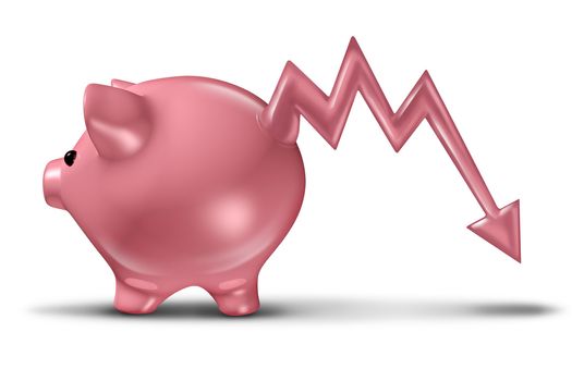 Savings loss and losing money with a ceramic piggy bank with the tail in the shape of a business stock market graph arrow that is going down as a financial concept of investment risk on a white background