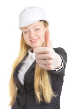 engineer woman thumbs up, isolated on white