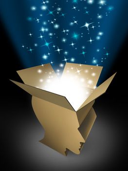 Power of the mind and powerful intelligence with an open box in the shape of a human head illuminated with a glowing beaming light bursting with sparkles as a symbol of human creativity and potential.