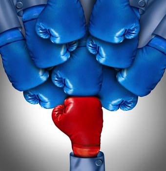 Overcoming adversity and conquering challenges as a group of blue boxing gloves ganging up on a single red glove as a business symbol of difficult competition environment,